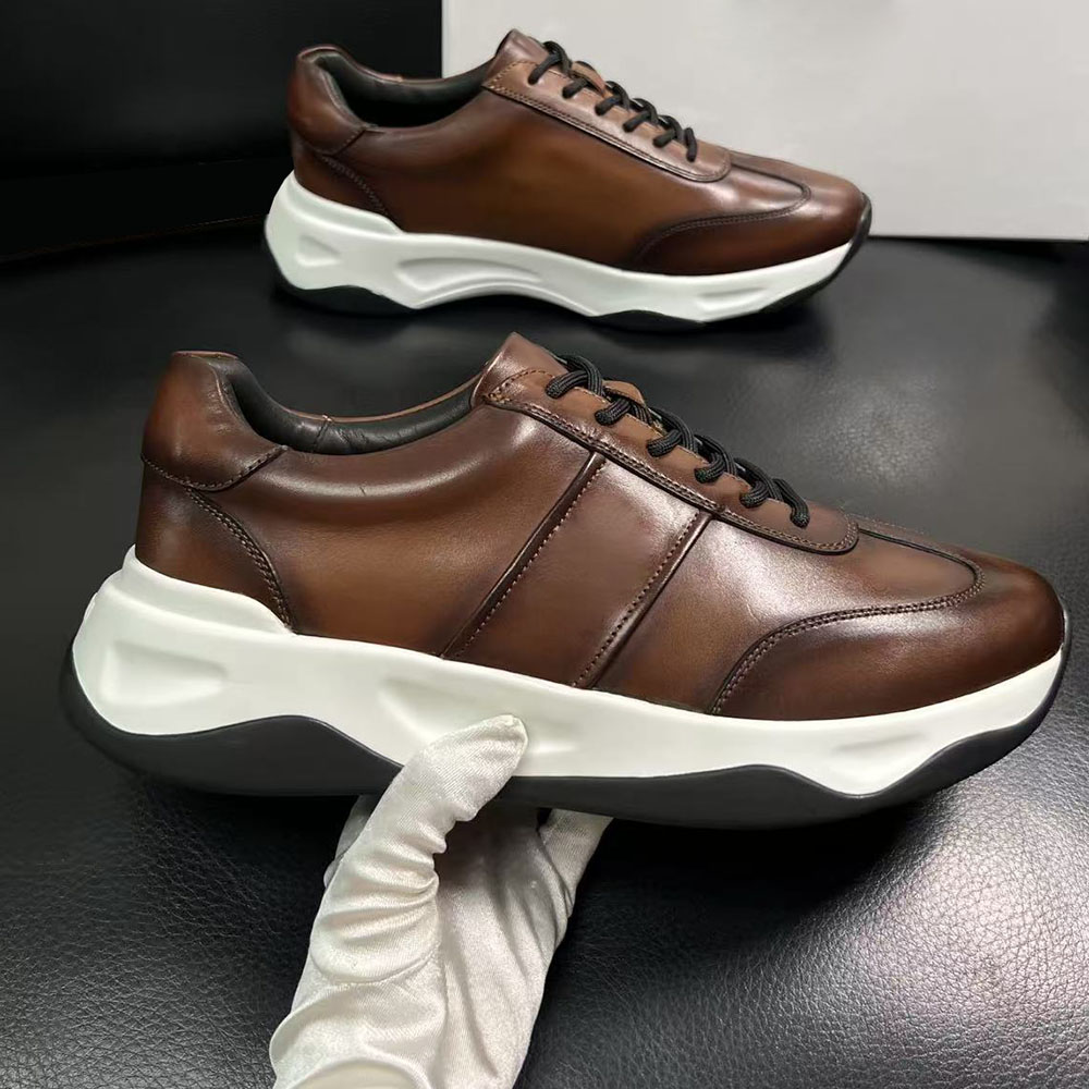 Leather Shoe Polish - 2026年トップクオリティ新作メンズヴィンテージブラウンポリッシュレザースニーカー厚底身長アップカジュアルシューズウォーキングシューズ