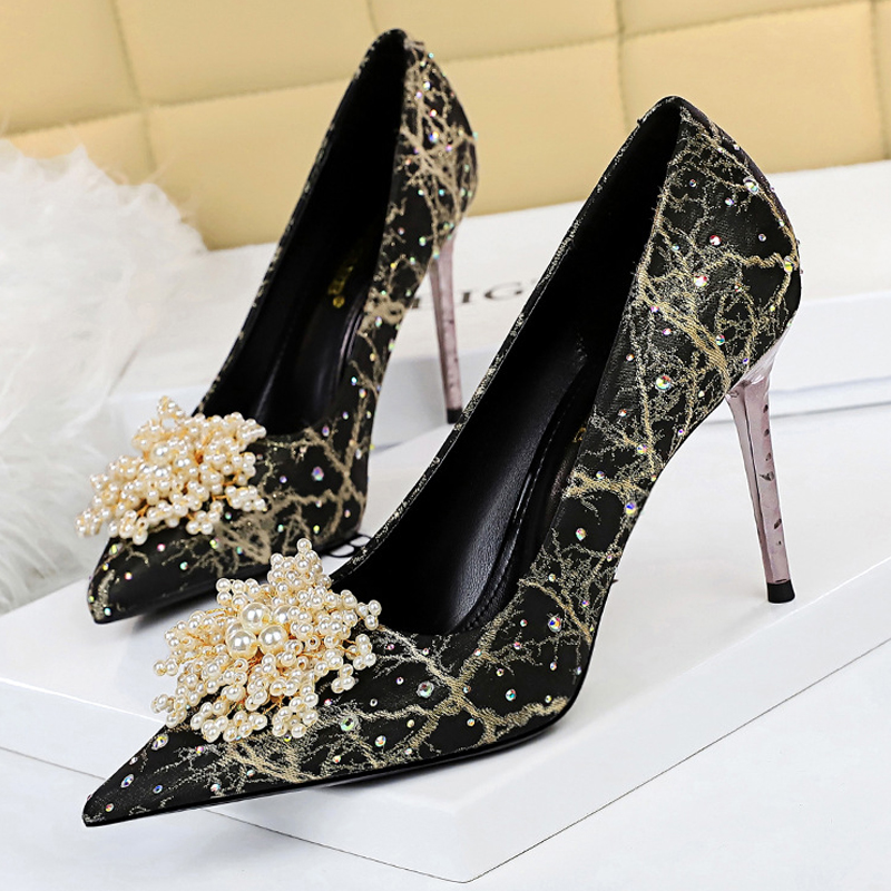 Shoe Tree - BIGTREE 靴パールフラワー女性パンプスラインストーンハイヒール 2026 新しい豪華な女性のヒール小剣大サイズレディースパンプス
