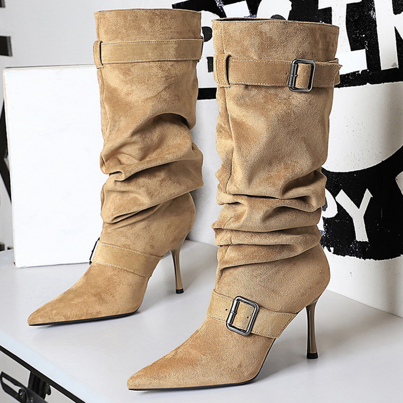 Shoe Tree - BIGTREEシューズ 2026 ポインテッドトゥ レディース ミドル丈ブーツ プリーツベルト