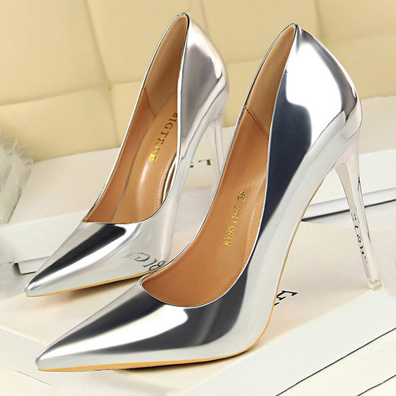 Shoe Tree - BIGTREE 靴女性パンプスパテントレザーハイヒールの靴女性の基本的なポンプ結婚式の靴女性小剣女性ヒールプラスサイズ 43